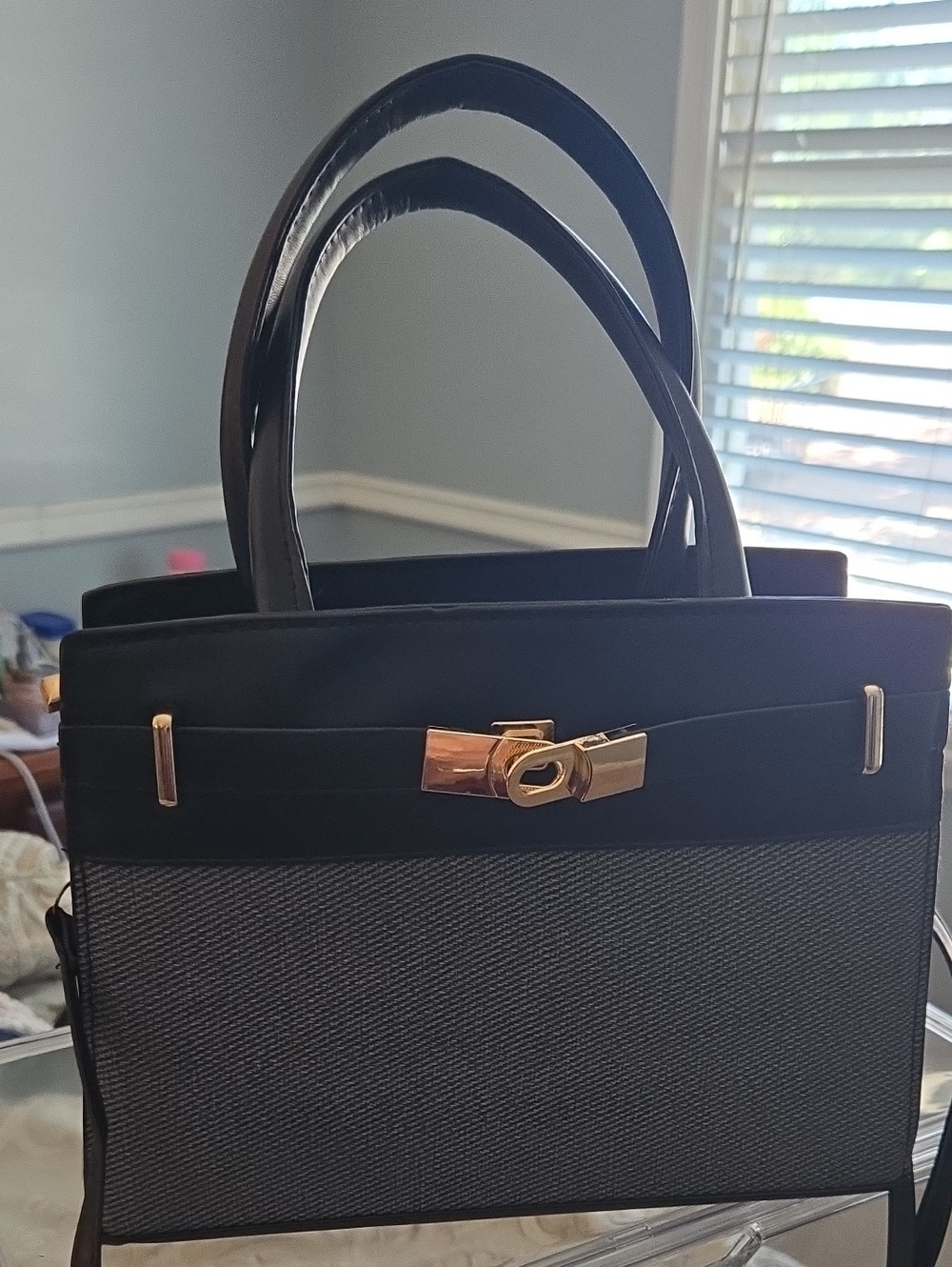 Two-Tone Black and Gray Satchel with Gold Accent Hardware